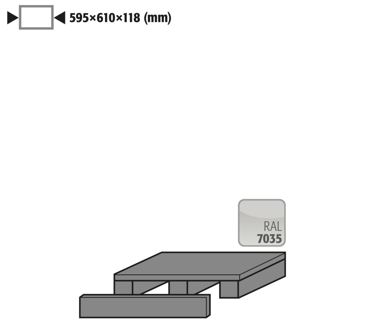 Transportsockel Höhe = 100 mm für Sicherheitsschränke S90/S60, Stahl pulverbeschichtet Lichtgrau RAL 7035, Maße 595x610x118 mm