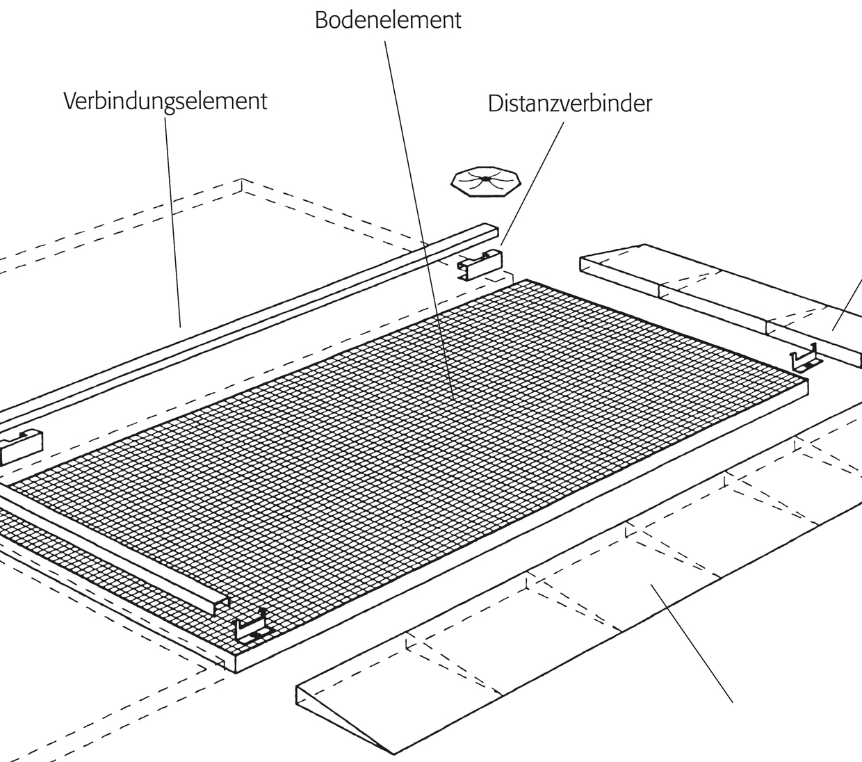 Verbindungselement für Bodenelemente Höhe 78 mm, verzinkter Stahl, Maße 1320x45x40 mm