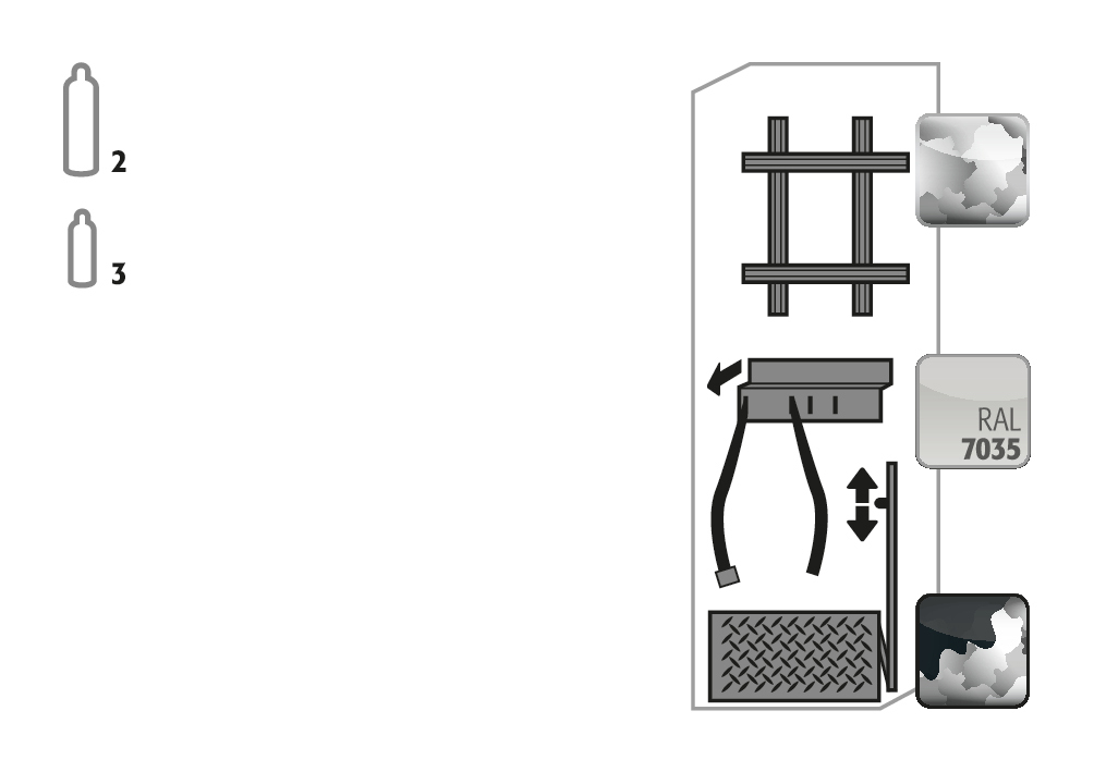Komfortinneneinrichtung bestehend aus Montageschienen, Einrollklappe (L=350 mm) mit Gaszugfeder, Flaschenhalter inkl. Spanngurten für Sicherheitsschränke G90, verzinktes und pulverbeschichtetes Stahlblech, Breite 600 mm